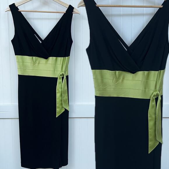 Kay Unger NY Black V-Neck Midi Sheath Sleeveless Cocktail Dress Green Satin Sash - Picture 1 of 12